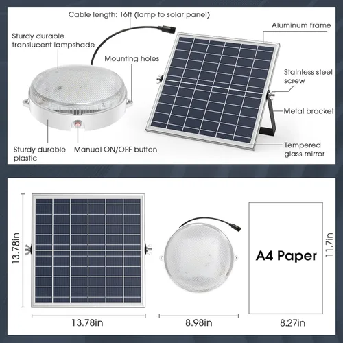 Vista 7 de Solar Ceiling Lights Indoor Outdoor 2 Pack, Dimmable Daytime 3000K/4000K/6000K Solar Shed Lights with ON/Off Switch & Remote, Waterproof Barn Lights