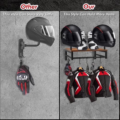 Vista 8 de Soporte de pared para casco de motocicleta, estante de almacenamiento de engranajes con 4 clips para guantes, soporte de casco de madera y metal