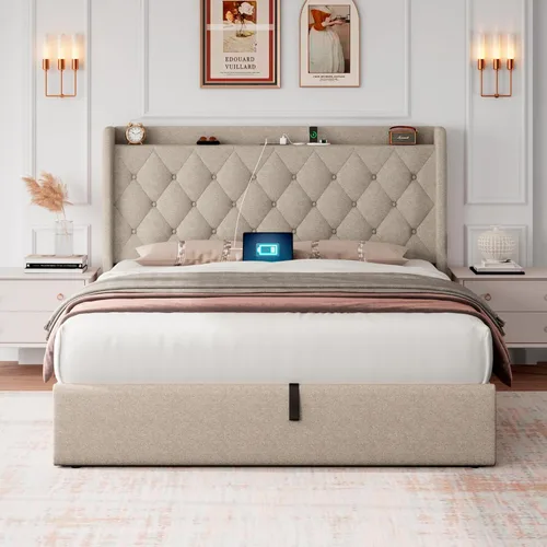 Vista 7 de iPormis Base de cama de almacenamiento elevable de tamaño completo con estación de carga, base de cama de plataforma tapizada con cabecera capitoné