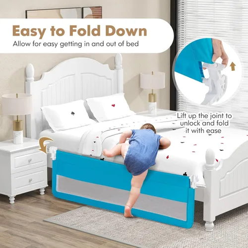 Vista 2 de BABY JOY Barandillas para cama de niños, 180 cm extra largas, protector de cama abatible mejorado con correa de seguridad, barandilla plegable