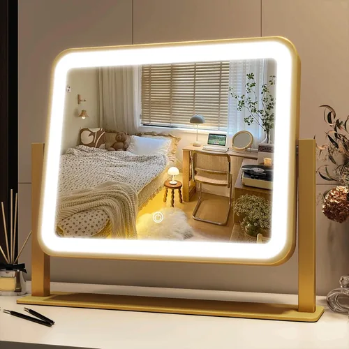 Vista 34 de FENNIO Espejo de tocador de 23 x 18 pulgadas con luces, espejo de maquillaje LED, espejo Hollywood con 3 modos de color y brillo ajustable, espejo