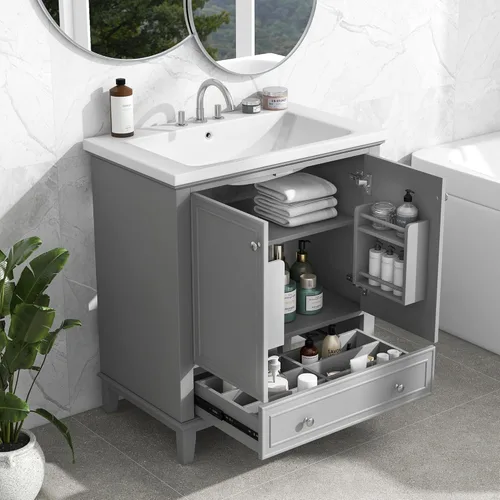 Vista 11 de Harper & Bright Designs Tocador de baño de 24 pulgadas con lavabo, tocador de lavabo individual independiente con una puerta y 3 cajones de cierre