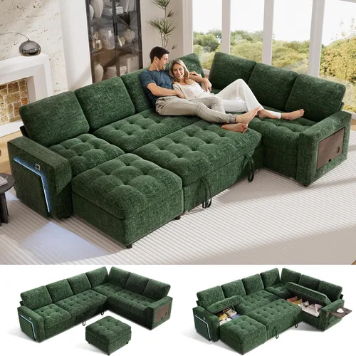 Vista 13 de Vipbear Sofá cama modular en forma de L de 5 asientos con cama extraíble/respaldo reclinable/puertos USB/asiento de almacenamiento, sofá cama Gris
