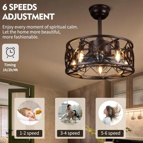 Vista 4 de Ventilador de techo enjaulado con luz, ventiladores de techo de granja de 17 pulgadas con luces y control remoto, ventilador de techo rústico sin