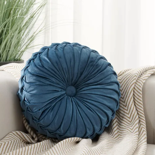 MOJUN Cojín de terciopelo redondo, plisado, relleno, cojín decorativo para el hogar para sofá, silla, cama, automóvil, suelo (azul, 14 pulgadas)