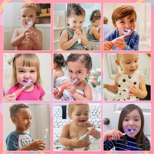 Vista 7 de Papablic Cepillo de dientes eléctrico sónico para niños pequeños con fundas para bebés y niños pequeños de 1 a 3 años, paquete Doris con Arya