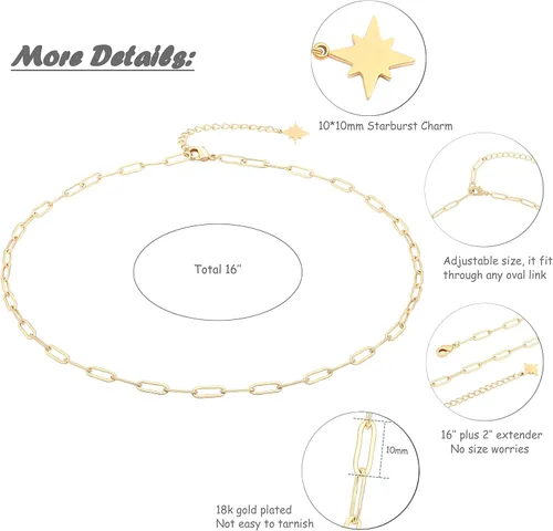 Vista 3 de Gargantilla de oro de 18 quilates, joyería delicada para mujeres de 16 pulgadas, con dije, cadena de eslabones