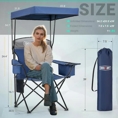 Vista 8 de Overmont Silla de camping con toldo - Silla plegable con sombrilla Azul