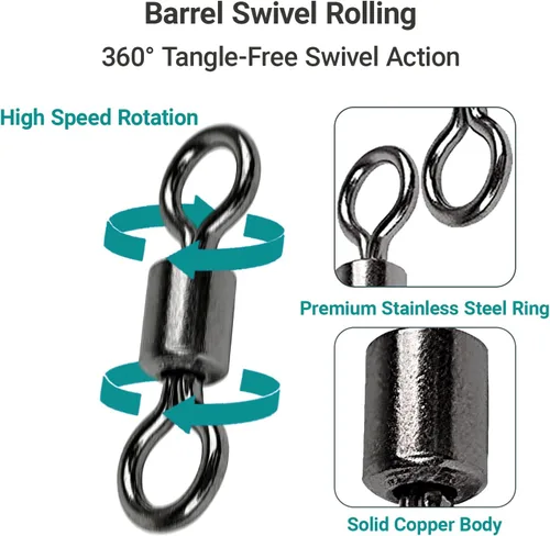 Vista 4 de AMSYPORTS - Conector giratorio de pesca de alta resistencia para agua salada, barril giratorio de agua dulce, balanceo resistente, cobre, negro