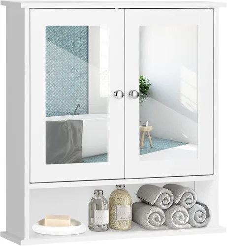 Vista 11 de COSTWAY Armario de baño de montaje en pared, botiquín de madera con 2 puertas de espejo, estante ajustable, compartimento abierto, para lavandería