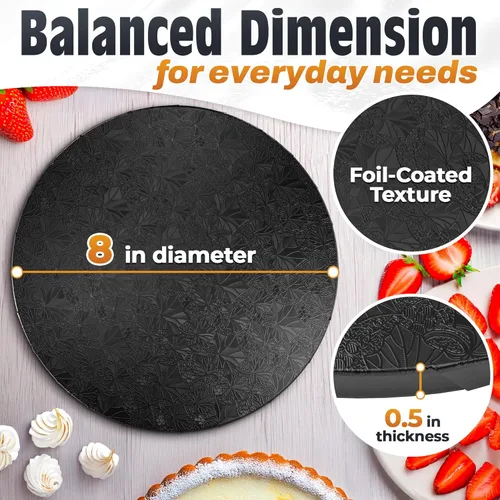 Vista 2 de 8 Inch Cake Drum - Black Round 8 Inch Cake Boards for Holiday Dessert Presentation, Grease and Moisture Resistant, Thick Durable Material with Fancy