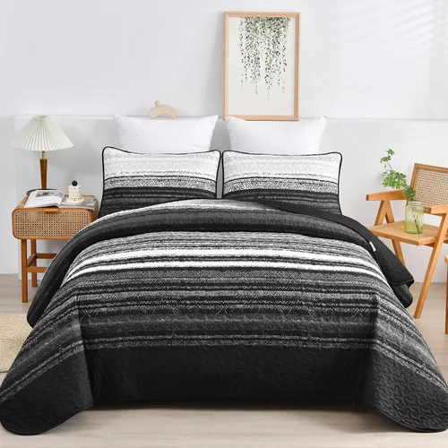 Vista 11 de DJY Juego de edredón a rayas tamaño Queen, juego de colcha bohemia verde salvia de 3 piezas, juego de ropa de cama acolchada de microfibra suave