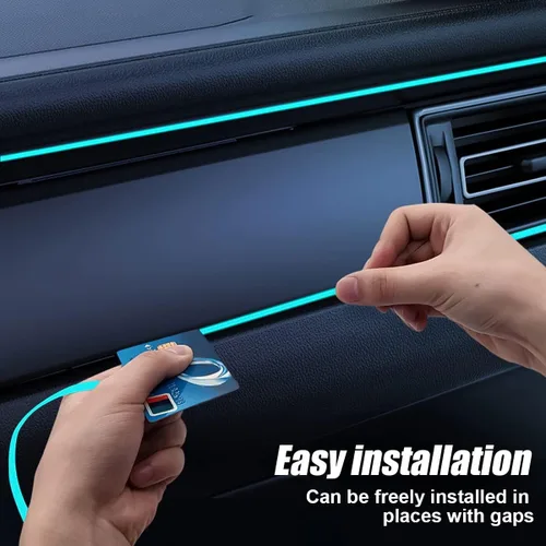 Vista 5 de Tira de luces LED para interior de automóvil con cable EL, luz de neón de 16 pies con borde de costura para encendedor de cigarrillos, kits