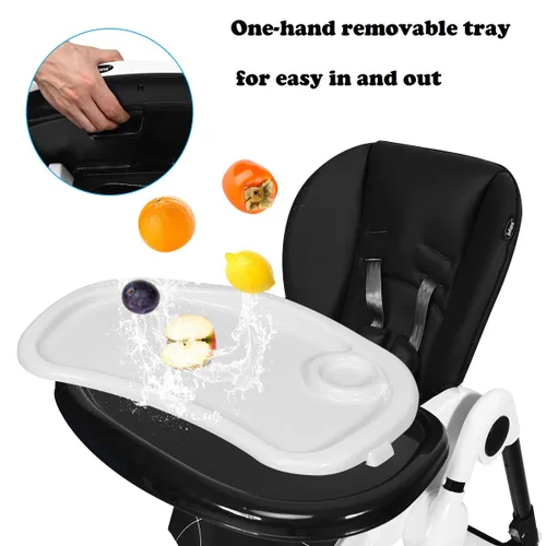 Vista 2 de INFANS Silla alta con bandeja extraíble con una sola mano, 4 ruedas bloqueables y cesta de almacenamiento grande, altura multiajustable, reclinable