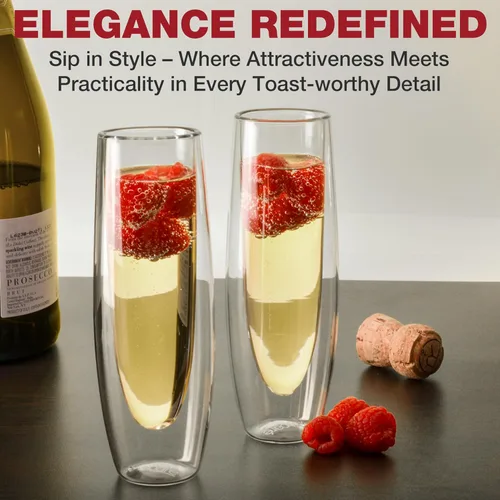 Vista 6 de Eparé Copas de champán sin tallo de vidrio de doble pared - Juego de 2 copas ligeras de mimosa y prosecco para despedida de soltera, regalo de dama