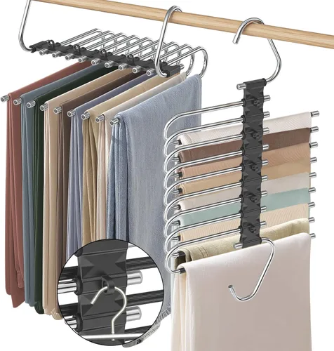 Vista 11 de Perchas para pantalones de 9 niveles que ahorran espacio, paquete de 2 organizadores multifuncionales de acero inoxidable para armario para Blanco