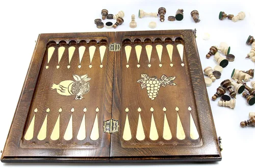 Vista 5 de 3 in 1 WOODEN BACKGAMMON Armenian BOARD GAME Nardi Nardy checkers chess carving FLOWER Ornament hand made gift walnut wood table game
