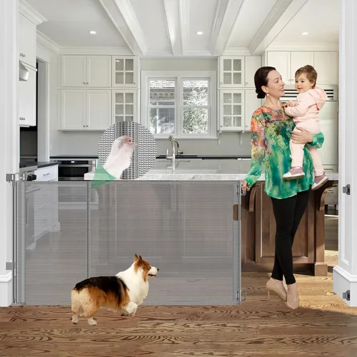 Vista 17 de Puerta retráctil reforzada de 60 pulgadas de ancho para bebés con varillas reforzadas, puerta retráctil para perros de 5 pies para interiores