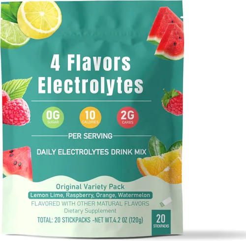 Mezcla de bebidas electrolíticas en polvo, 4 sabores, 20 paquetes de palitos, sin gluten, vegano, sin OMG, apto para dieta cetogénica