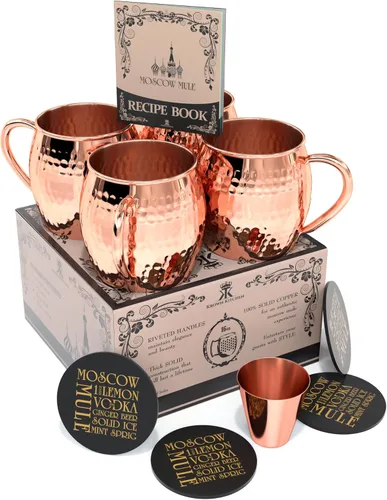 Vista 4 de Juego de 4 tazas de cobre martilladas Moscow Mule 100% cobre sólido 16 onzas
