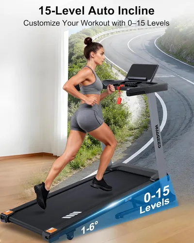 Vista 3 de HUAGEED Cintas de correr para el hogar, inclinación automática de 15 niveles, cinturón ancho de 17.32 pulgadas, 3.0HP, 0.6-10 MPH, máquina plegable