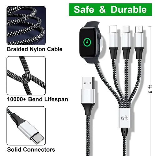 Vista 4 de TOP-UP Cable de carga múltiple para cargador de Apple Watch (6 pies), cable trenzado 4 en 1 para múltiples dispositivos, USB C/Micro/Multi cargador