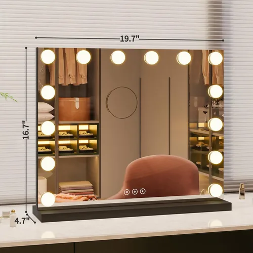 Vista 9 de Espejo de tocador con luces, espejo de maquillaje iluminado con bombillas LED regulables, 3 modos de iluminación de color, puerto de carga USB