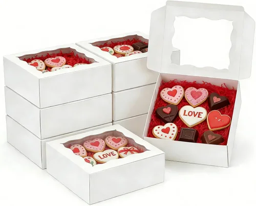 Vista 12 de XINHPKGG 20 piezas Cajas de galletas de 5x5x2.5 pulgadas con ventana Cajas de panadería Caja de postre Caja para fresas cubiertas de chocolate