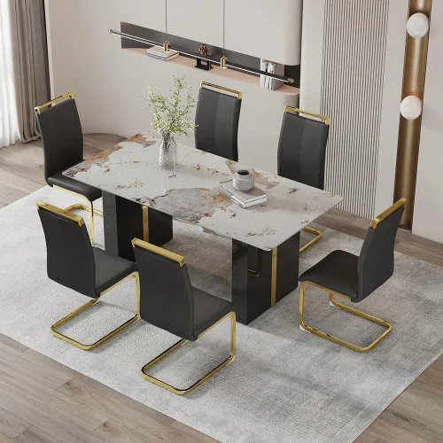 Vista 20 de Mesa de comedor moderna para mesa de comedor de mármol sintético blanco de 6, 8, 71 pulgadas, con patas negras y doradas, mesa de cocina rectangular