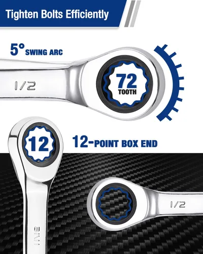 Vista 3 de WORKPRO Llave combinada de trinquete de 1/2 pulgada SAE, CR-V construida con cromado pulido espejo, diseño de 12 puntos, desplazamiento de 15 grados