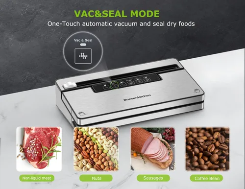 Vista 3 de Bonsenkitchen Máquina Selladora al Vacío, Sellador de Alimentos de Acero Inoxidable Selladores al Vacío con 1 Rollo y 5 Bolsas, 5 Modos de Vacío