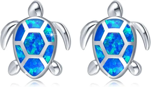 Sea Turtle Earrings,Sterling Silver Hawaiian Beach Themed Stud Earrings Turtle Dangle Blue Opal Ocean Jewelry Gifts for Women Girlfriend Girls