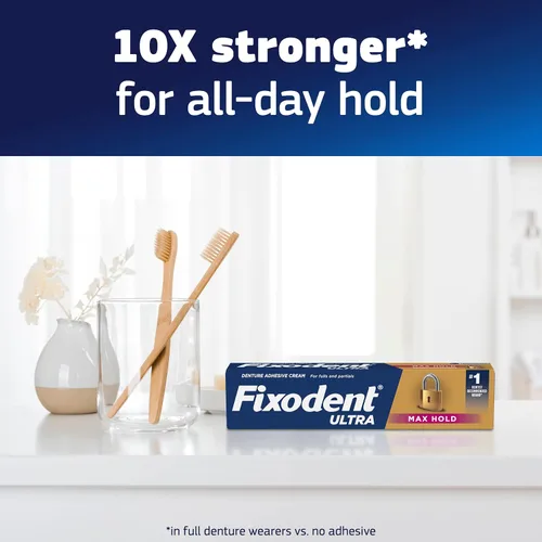 Vista 4 de Fixodent Ultra Max Hold - Adhesivo para dentaduras postizas, 2.2 onzas, (el embalaje puede variar)