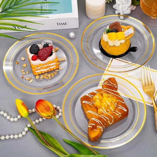 Vista 7 de I00000 60 platos de postre dorados transparentes, platos de plástico transparente con borde dorado de 7 pulgadas, platos desechables de boda