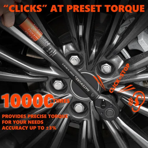 Vista 5 de Matework - Llave dinamométrica de 1/2 pulgada con clic, 10-180 ft.lb/13.6-244.1 Nm, Llave de torsión de alta precisión ±3% de 72 dientes de doble