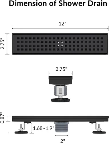 Vista 5 de Desagüe lineal de ducha de 12 pulgadas con rejilla extraíble, desagüe de ducha negro mate con accesorios, certificado CUPC rectángulo de drenaje