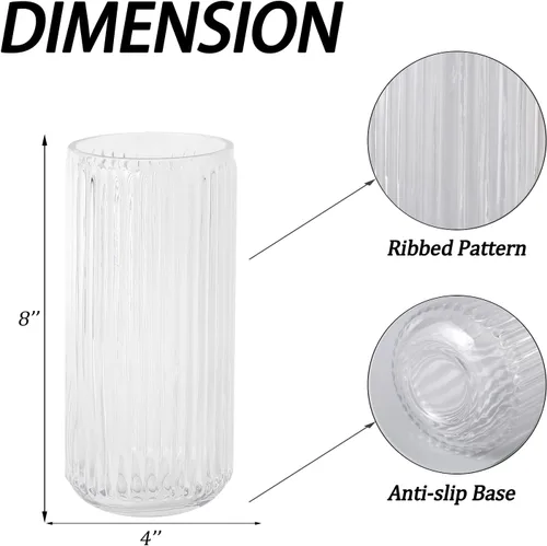 Vista 7 de Jarrón de vidrio acanalado, jarrones de flores para ramo, jarrones de vidrio transparente para flores, moderno jarrón acanalado para sala de estar
