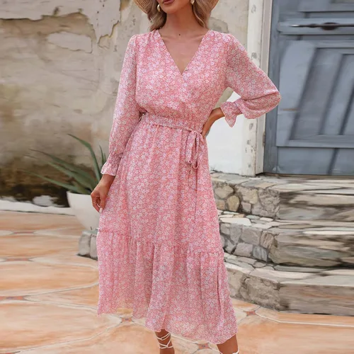 Vista 2 de Vestidos para mujer con estampado floral, vestido bohemio de manga larga con cuello en V cruzado, cinturón plisado, vestido largo fluido