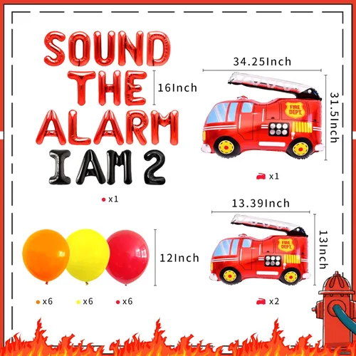 Vista 2 de LaVenty Sound The Alarm I Am 2 Globos Decoración de Camión de Bomberos 2º Cumpleaños Globos Camión de Bomberos Globos de Bomberos Decoración