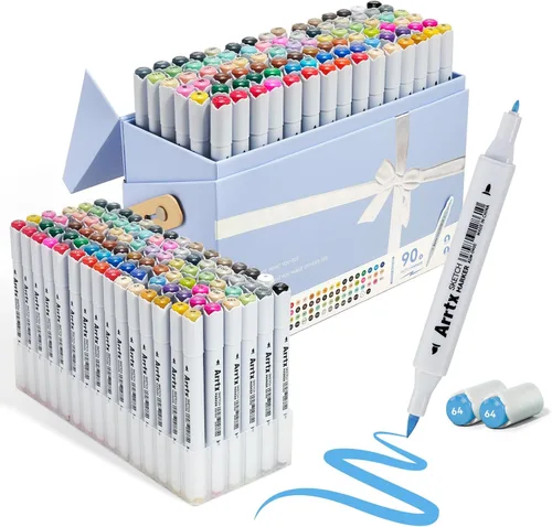 Arrtx Marcadores de alcohol de 90 colores, doble punta (pincel y fino) marcadores artísticos para artistas, marcadores de bocetos prémium con