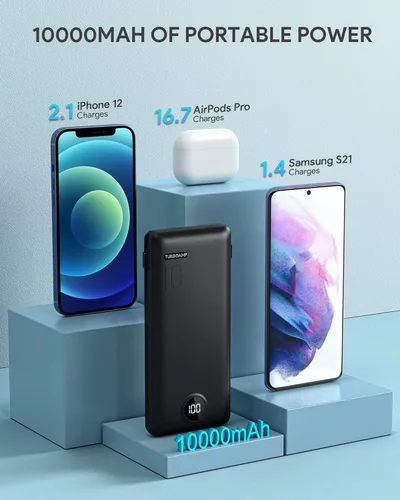 Vista 4 de TURBOAMP Cargador portátil con cables integrados, batería externa de 10000 mAh con 5 salidas y 2 entradas LED, enchufe de pared de CA integrado