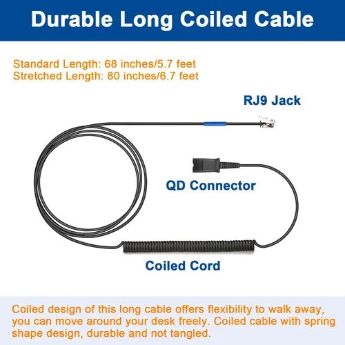 Vista 5 de Adaptador de auriculares U10 RJ9 a QD para auriculares de desconexión rápida Plantronics, cable de bobina compatible con teléfonos IP de Cisco 6945
