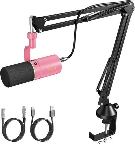 Vista 5 de Micrófono dinámico TONOR, micrófono XLR/USB para podcast, grabación, transmisión, juegos, micrófono de estudio cardioide XLR con silencio rápido