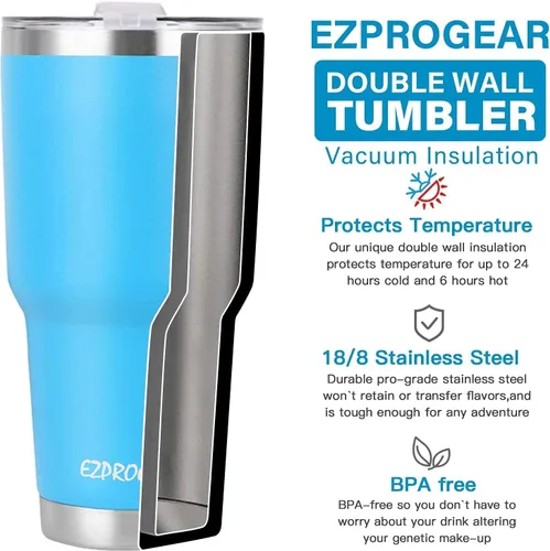 Vista 5 de Ezprogear Vaso de acero inoxidable de 40 onzas con aislamiento de doble pared con asa y tapa (azul)