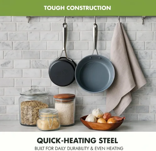 Vista 4 de GreenPan Swift Healthy - Juego de cacerolas antiadherentes de cerámica de 1 cuarto y 2 cuartos de galón, mango de acero inoxidable, sin PFAS, apto