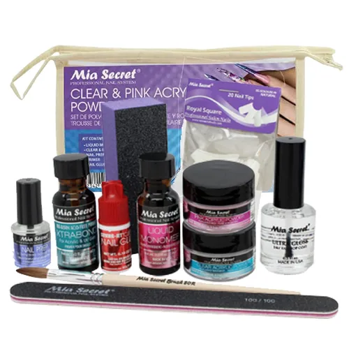 Mia Secret Kit de uñas acrílicas para principiantes - Kit de uñas con polvo acrílico rosa y polvo acrílico transparente con todo - Kit de inicio de