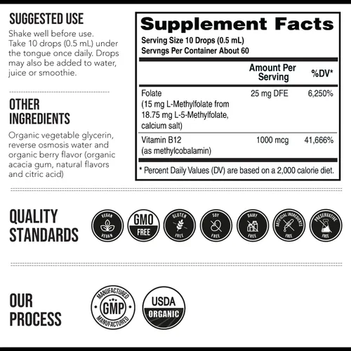 Vista 6 de L Metilfolato 15mg Plus Metil B12 Cofactor – Sabor a Bayas Orgánico, Alta Potencia Líquida Sublingual Forma Activa 5-MTHF - Apoya el Estado