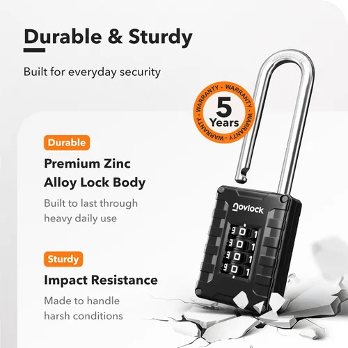 Vista 3 de Candado de combinación de grillete largo de 2.76 pulgadas Candado de 4 dígitos para casillero de gimnasio, armarios, cajas de herramientas, Negro