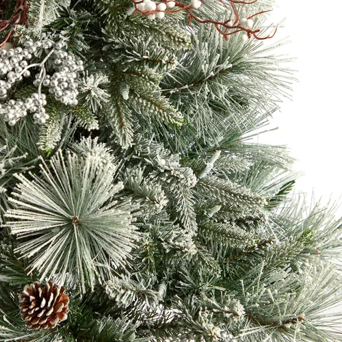 Vista 5 de Nearly Natural Árbol de Navidad artificial flocado de 5 pies con 100 luces LED y 186 ramas flexibles en urna decorativa