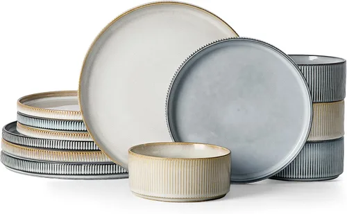 Vista 66 de Juego de vajilla Famiware Star con tazas, servicio para 4 (16 piezas), platos y cuencos de gres acanalado, resistentes a las astillas y a